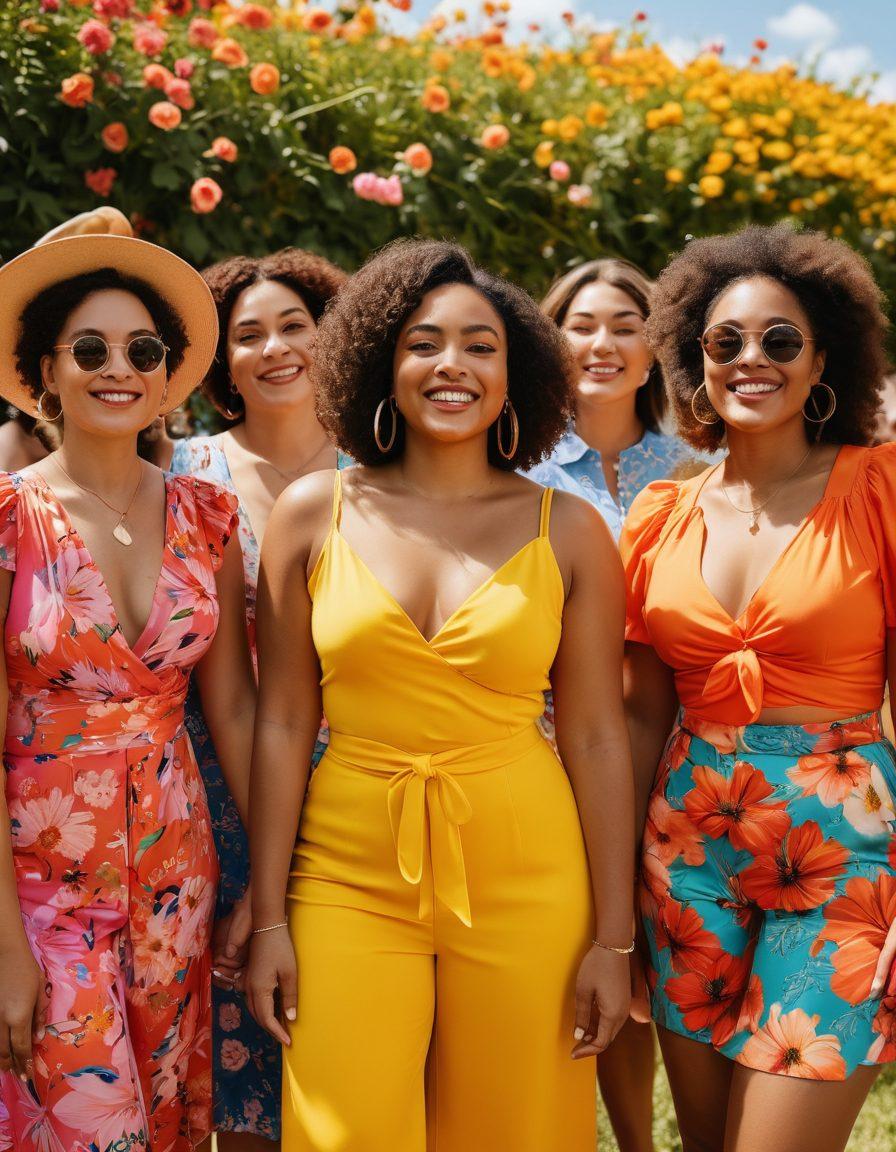 A diverse group of people of various body types and ethnicities joyfully showcasing summer fashion in a vibrant outdoor setting, surrounded by colorful flowers and sunshine. Each individual wears a unique, trendy outfit that highlights their personal style and confidence. The atmosphere is lively and inclusive, reflecting a celebration of all bodies. Bright colors and a feeling of warmth should dominate the scene. super-realistic. vibrant colors. sunny background.